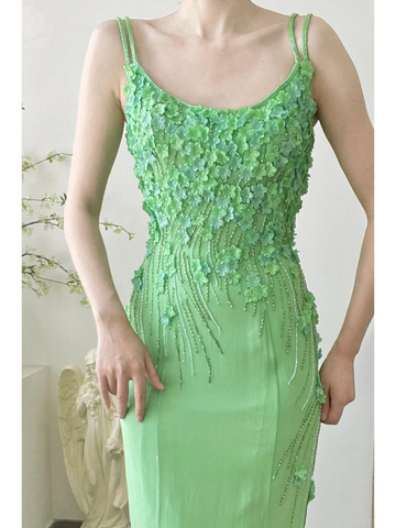 Exquisite Green Sheath Spaghetti Strap 3D Floral Beaded Chiffon Long Prom Dress Formal Dress HZ1023